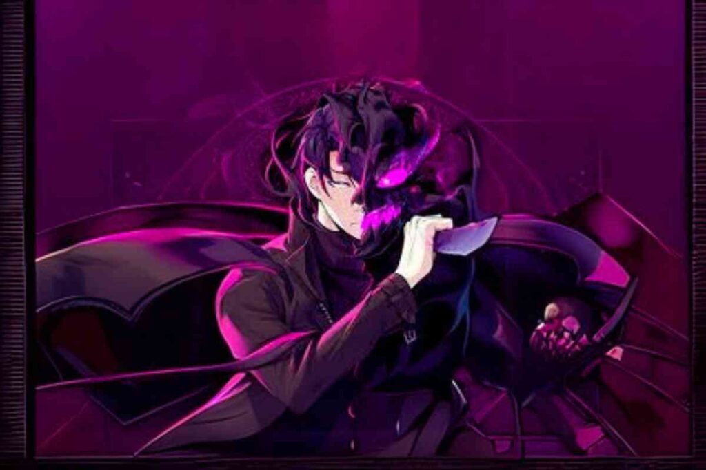 Dark fantasy anime-style character holding a blade in glowing purple aura