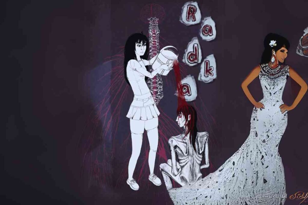 Dark art with anime-style characters and horror-themed visual elements