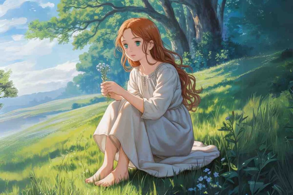 Foot fetish anime scene featuring barefoot girl in peaceful nature scenery