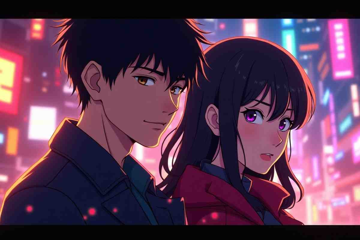 Foot fetish anime moment with couple in city lights, intense romantic energy
