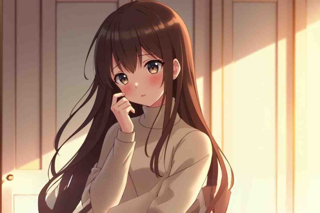 Shy anime girl in foot fetish anime, warm lighting and soft intimate mood
