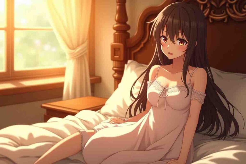 Foot fetish anime scene with cute anime girl in bed and seductive morning light