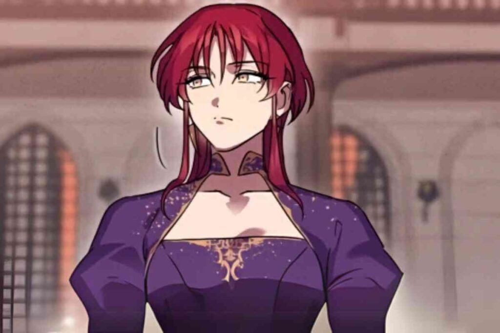A red-haired woman in a royal dress stands tall with the spark in your eyes.