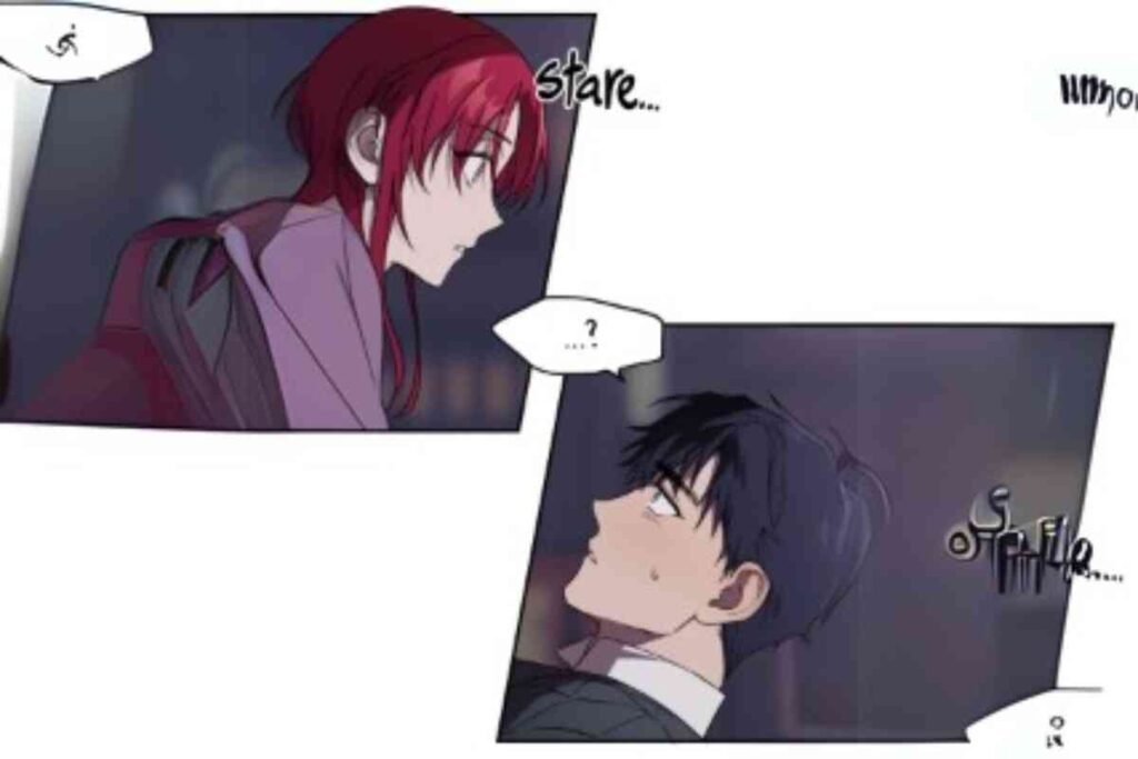A red-haired girl stares intensely, sparking emotion in his eyes.