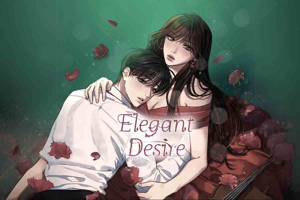 A romantic couple wrapped in rose petals embodies the mood of elegant desire.