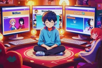 Kids exploring Webtoon XYZ. and manga on multiple computer screens