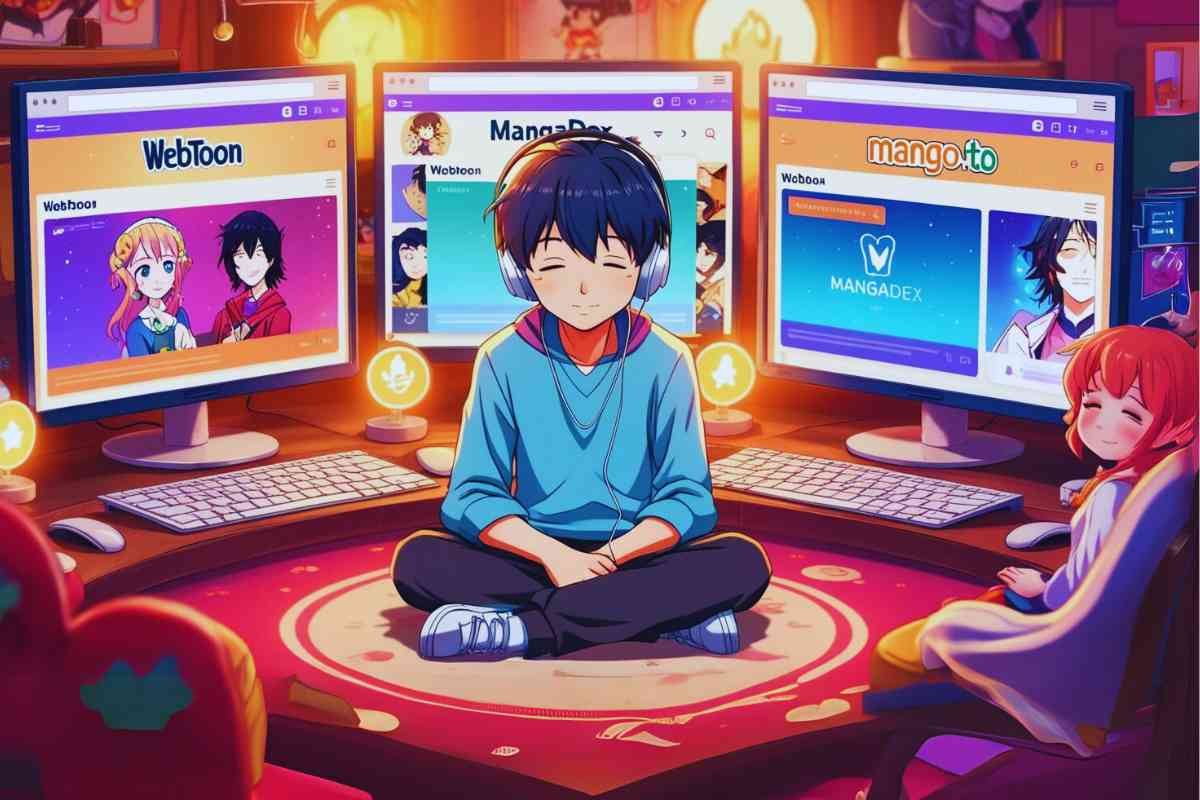 Kids exploring Webtoon XYZ. and manga on multiple computer screens