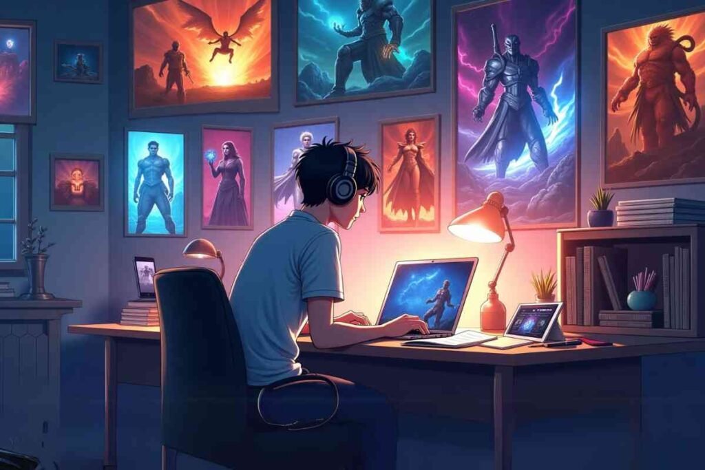 Teen watching Webtoon XYZ. on laptop surrounded by anime posters