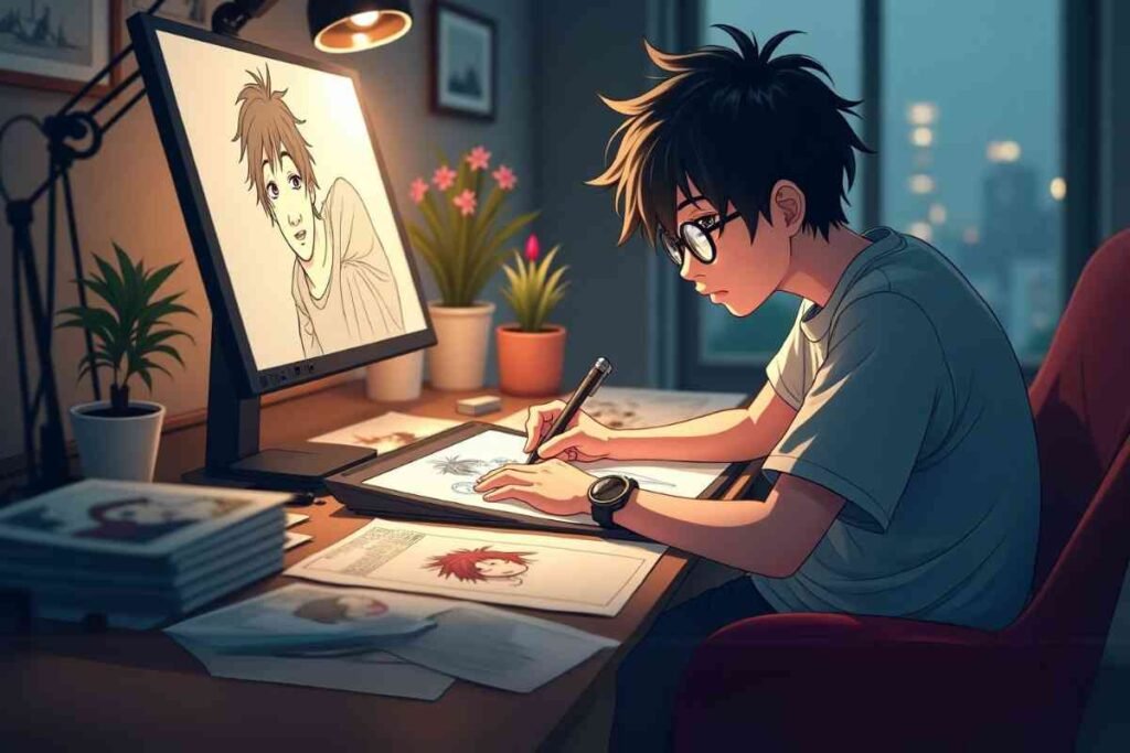 Artist drawing comic art for WebtoonXYZ submission on digital tablet