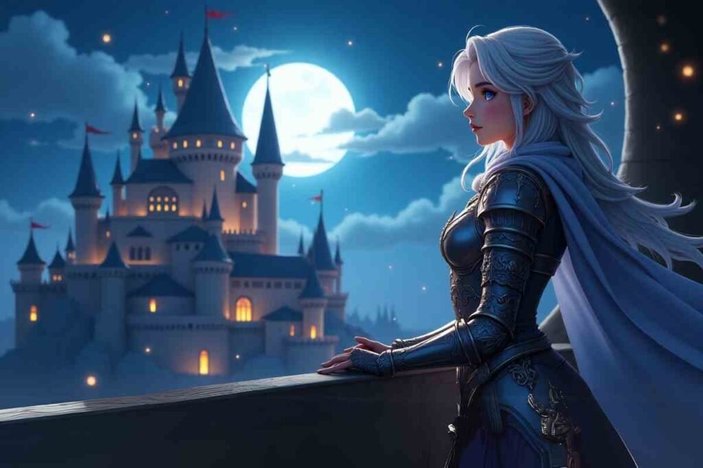 Romantic knight gazes at castle under moonlight in fantasy Webtoon scene