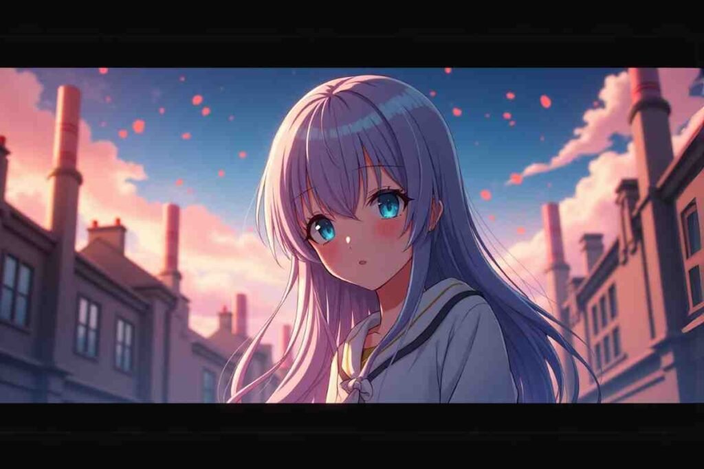 Anime girl with silver hair and blue eyes at sunset in a quiet street