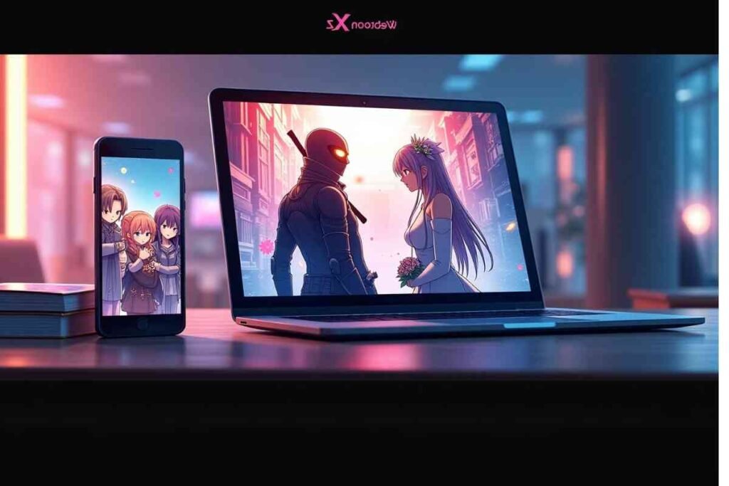 Webtoon XYZ. anime scenes on phone and laptop screens on a desk setup