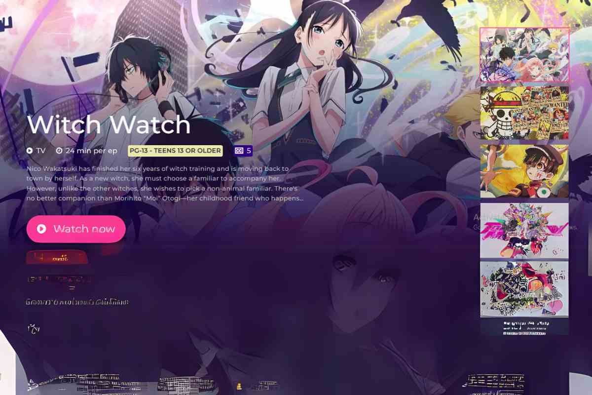 Animeowl Witch Watch anime page with streaming info and detailed description.