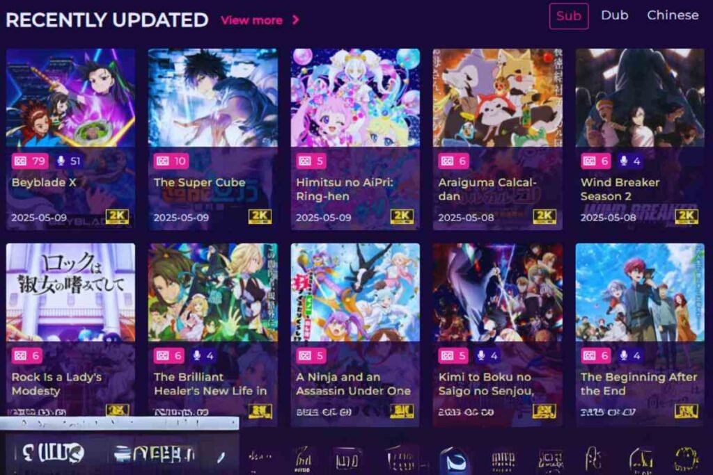 Animeowl latest updates section showing newly released anime episodes in 2K