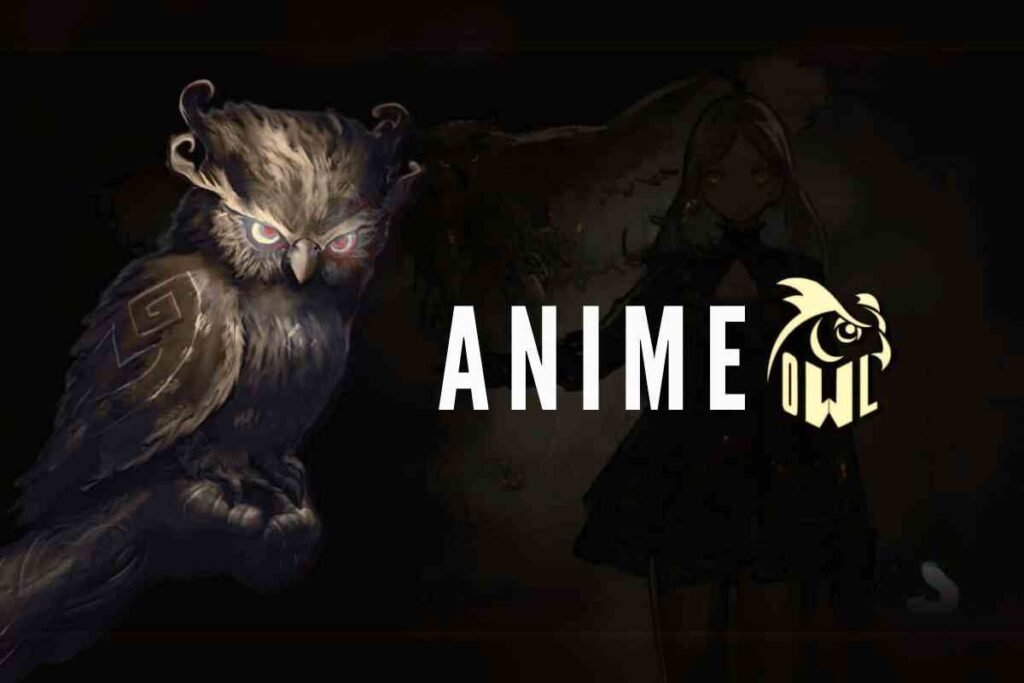 Dark animeowl theme with mystical owl and shadowy girl in fantasy background