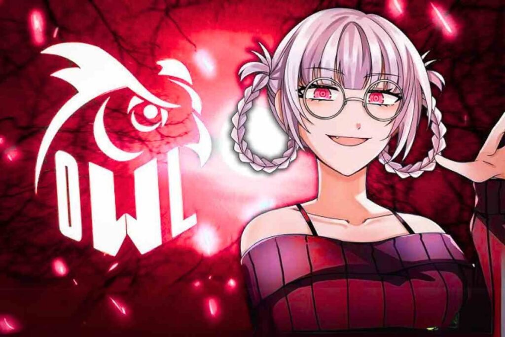 Animeowl anime girl with white hair and red eyes on glowing red background